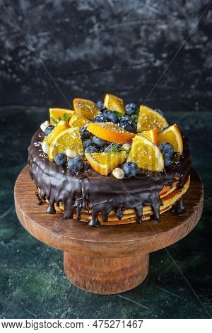 Front View Delicious Chocolate Cake With Fresh Fruits On Dark Background Dessert Pie Sugar Cake Swee