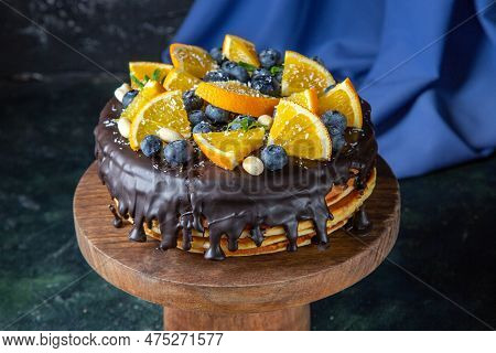 Front View Delicious Chocolate Cake With Fresh Fruits On Dark Background Pie Sugar Cake Sweet Biscui
