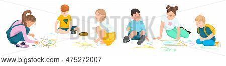 Little Boy And Girl Drawing Picture With Color Pencil On A Paper Laying On Floor. Set Of Kids Charac