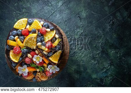 Top View Delicious Fruit Cake With Chocolate Syrup On Round Wooden Desk Dark Background Tea Pie Doug