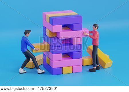 Jenga Game. Wooden Cubes Block Puzzle. Brick Element Tower And Collapsed Pile. Playing Jenga At Home