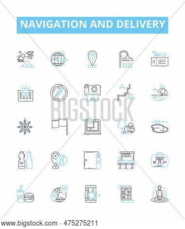 Navigation And Delivery Vector Line Icons Set. Navigation, Delivery, Tracking, Fleet, Logistics, Rou