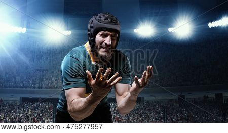 Loosing Game. Man, Professional Rugby Player In Uniform Standing Despair And Sadness At 3d Stadium W