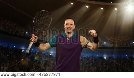 Man, Professional Tennis Player In Uniform Standing With Racket On 3d Field With Spotlights. Winning