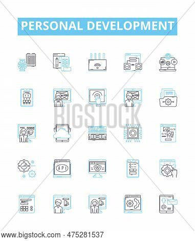 Personal Development Vector Line Icons Set. Motivation, Growth, Learning, Happiness, Reflection, Goa