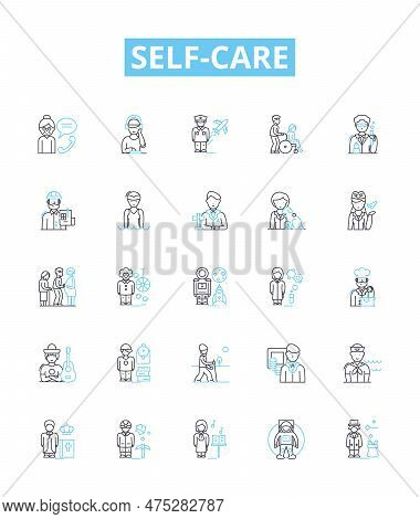 Self Care Vector Line Icons Set. Wellness, Hygiene, Exercise, Mindfulness, Meditation, Sleep, Nutrit