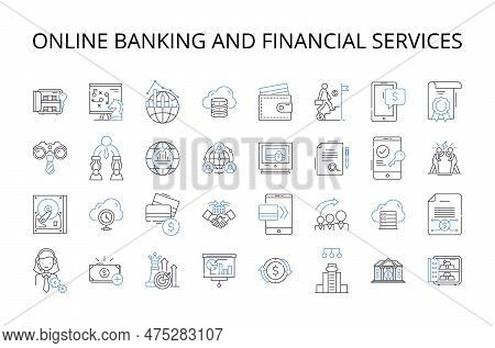 Online Banking And Financial Services Line Icons Collection. Digital Marketing, Mobile Payments, Vid