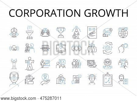 Corporation Growth Line Icons Collection. Company Expansion, Business Development, Enterprise Progre