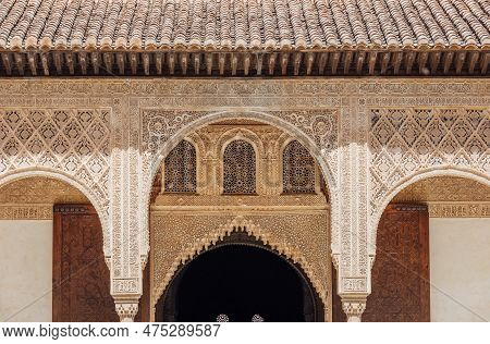 Marble Capitals And Stucco Decoration Of The Portico In Court Of Myrtles In Comares Palace Alhambra,