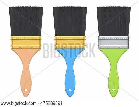 Set Of Paint Bristle Brushes For Repair Work And Construction On White.