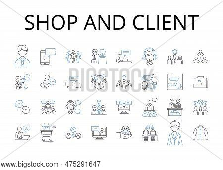 Shop And Client Line Icons Collection. Hop Store, Boutique, Market, Outlet, Emporium, Department Sto
