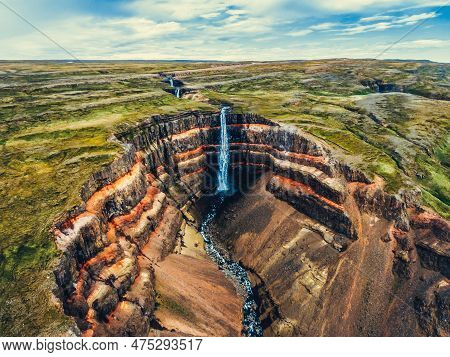 Aerial View Icelandic Summer Landscape Of The Aldeyjarfoss Waterfall In North Iceland. The Waterfall