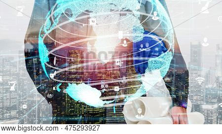 Future Building Construction And Inventive Engineering Project Concept With Hud Hologram Graphic Des