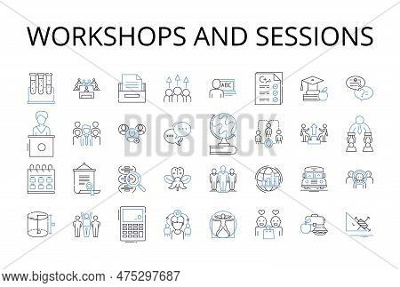 Workshops And Sessions Line Icons Collection. Seminars And Lectures, Talks And Speeches, Classes And