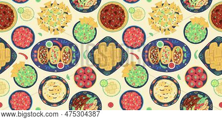 Background With Traditional Mexican Food. Mexican Cuisine. Tacos, Tortilla, Fajitas, Nachos, Tomales