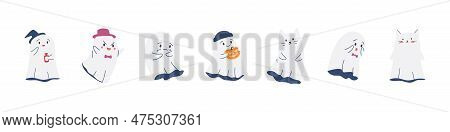 Cute Funny Ghosts Collection.set Of Cute Spooky Characters For Halloween. Flying Cartoon Phantoms. F