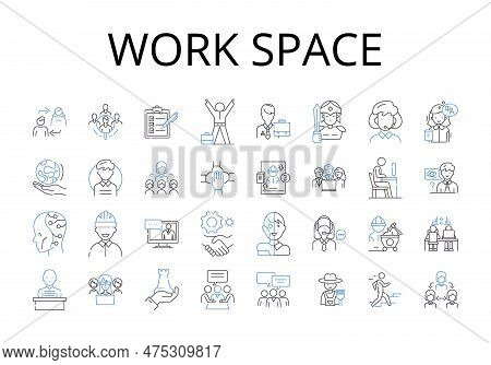 Work Space Line Icons Collection. Living Room, Dining Table, Kitchen Counter, Bedroom Loft, Study No