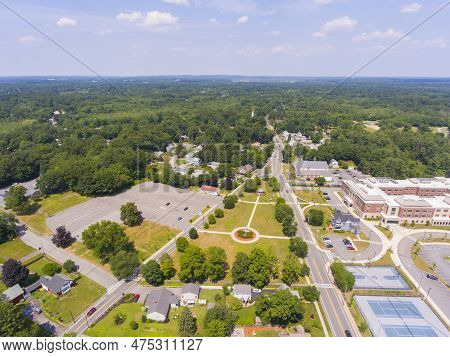 Wilmington Historic Town Center Aerial View At Town Common With Wilmington Public High School In Sum