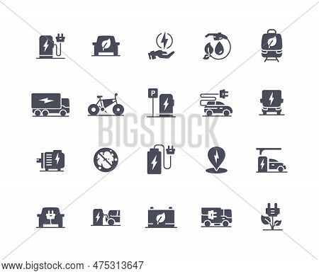 Electro Car Black Icons Set. Reducing Hazardous Waste And Co2 Emissions Into Earth Atmosphere. Refus