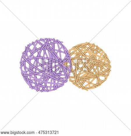 Wicker Rattan Balls, Table And Wedding Party Decoration. Vector Sepak Ball Of Lilac Lavender And Bei