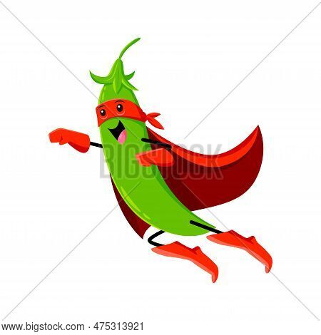 Cartoon Legume Or Green Pea Superhero Character, Flying With A Determined Expression On Face, Wear R