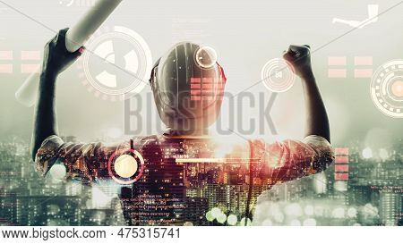 Future Building Construction And Inventive Engineering Project Concept With Hud Hologram Graphic Des