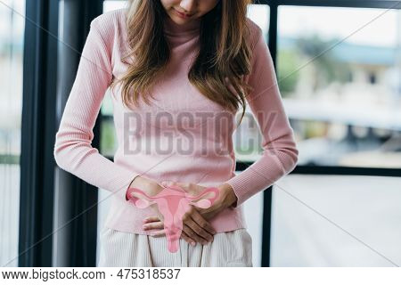 Woman Hands Touching Virtual Uterus, Female Reproductive System , Woman Health, Pcos, Ovary Gynecolo