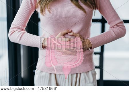 Woman Hands Touching On Stomach With Intestine Virtual Icon, Probiotics Food For Gut Health, Colon C