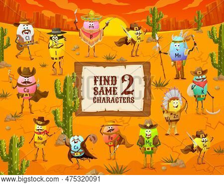 Kids Find Two Same Wild West Cartoon Cowboy, Sheriff, Bandit And Robber Vitamin Characters. Vector W