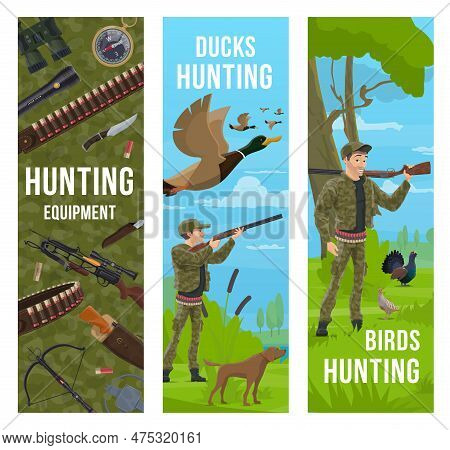 Hunting Sport Equipment And Animals, Cartoon Hunter, Gun And Dog Vector Banners. Duck Hunter With Ri