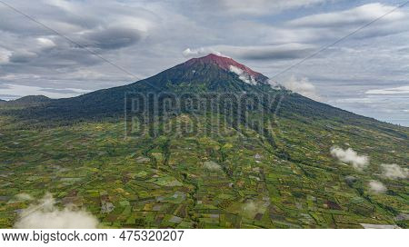 Aerial View Of Farmland And Tea Plantations Next To Mount Kerinci. Sumatra, Indonesia.