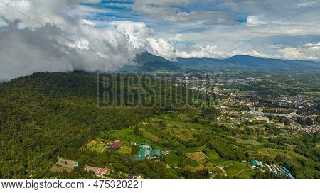 Aerial View Of Berastagi Town Among Farmlands In The Beautiful Karo Highlands. Sumatra. Indonesia.