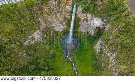 Waterfall In The Tropical Mountain. Sipiso Piso Falls In A Mountain Gorge. Sumatra, Indonesia.
