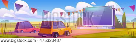 Day Drive In Outdoor Cinema Parking Illustration. Theater Festival With Garland For Auto On Big Scre