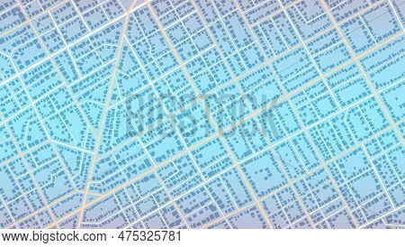 Blue City Area, Background Map, Streets And Cartography Illustration. Widescreen Proportion, Digital