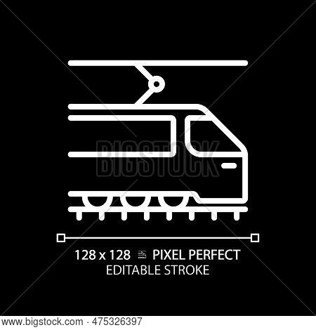 Tram Pixel Perfect White Linear Icon For Dark Theme. Tramway Train. Urban Transport. Light Rail Vehi