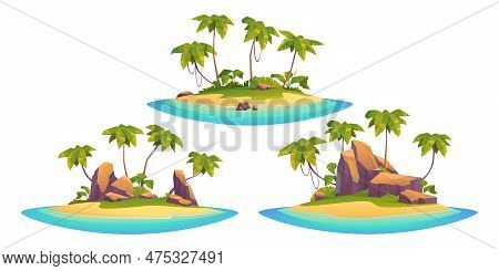 Uninhabited Tropical Isle Cartoon Scene Set. Tiny Sea Rock Island With Palm Tree And Stone Cliff Vec