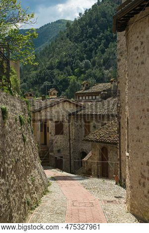 View Of The Center Of Scheggino Town In Valnerina With Mountain In The Background, Umbria Region, It