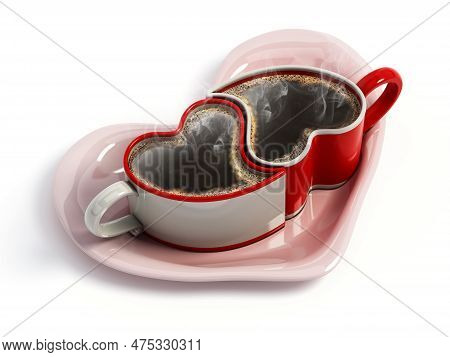 Heart Shaped Coffee Cups On Pink Heart Shaped Saucer. 3d Illustration.