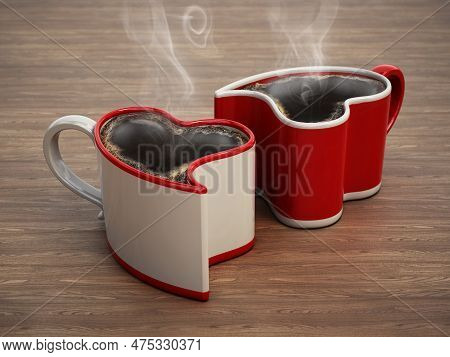 Heart Shaped Coffee Cups On Pink Heart Shaped Saucer. 3d Illustration.