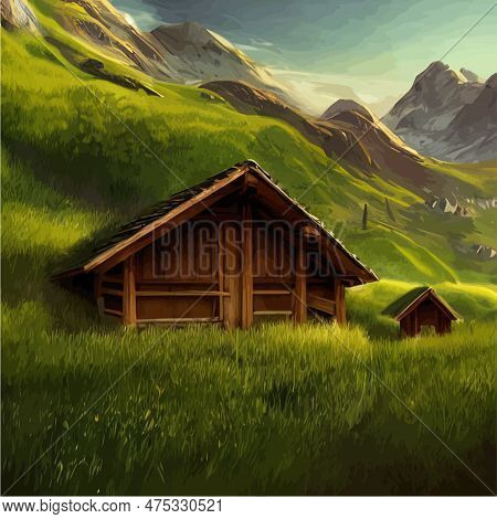 Summer Landscape With Mountains, Village Houses And Trees Against Backdrop Of Mountains. Vector Cart