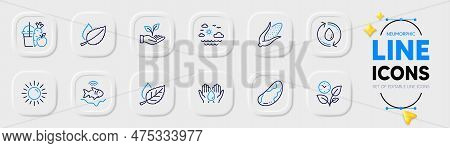 Travel Sea, Corn And Safe Water Line Icons For Web App. Pack Of Leaf, Refill Water, Helping Hand Pic