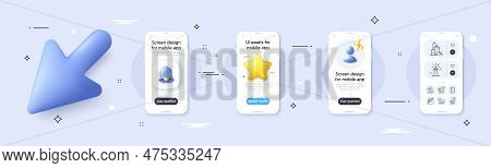 Open Door, Shield And Lighthouse Line Icons Pack. Phone Screen Mockup With 3d Cursor. Alert, Star An