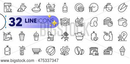 Outline Set Of Coffee Maker, Food Time And Food Delivery Line Icons For Web With Ice Cream, Grill Ba