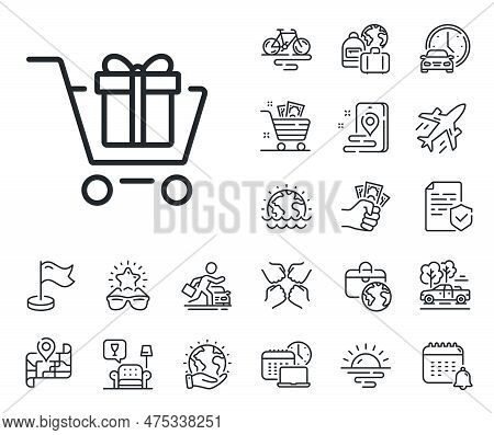 Present Or Sale Sign. Plane Jet, Travel Map And Baggage Claim Outline Icons. Shopping Cart With Gift