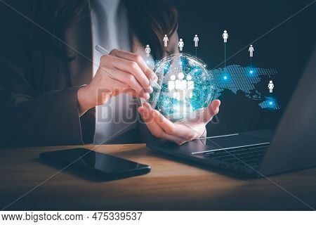 Businesswoman Using Computer With Global Structure Customer Network Technology. Customer Service, So