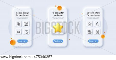 Travel Luggage, Technical Documentation And Phone Timing Line Icons Pack. 3d Phone Mockups With Star