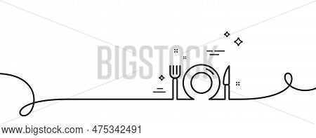 Food Line Icon. Continuous One Line With Curl. Restaurant Sign. Fork, Knife And Plate Symbol. Food S
