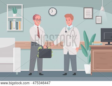 Health Care Fraud Corruption Cartoon Composition With Doctor In Uniform Taking Bribe In His Office V