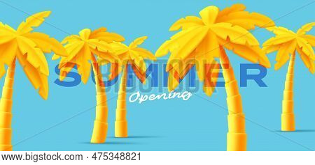 3d Modern Summer Poster With Render Yellow Palm Trees On Boue Backdrop With Text, Trendy Modern Grap